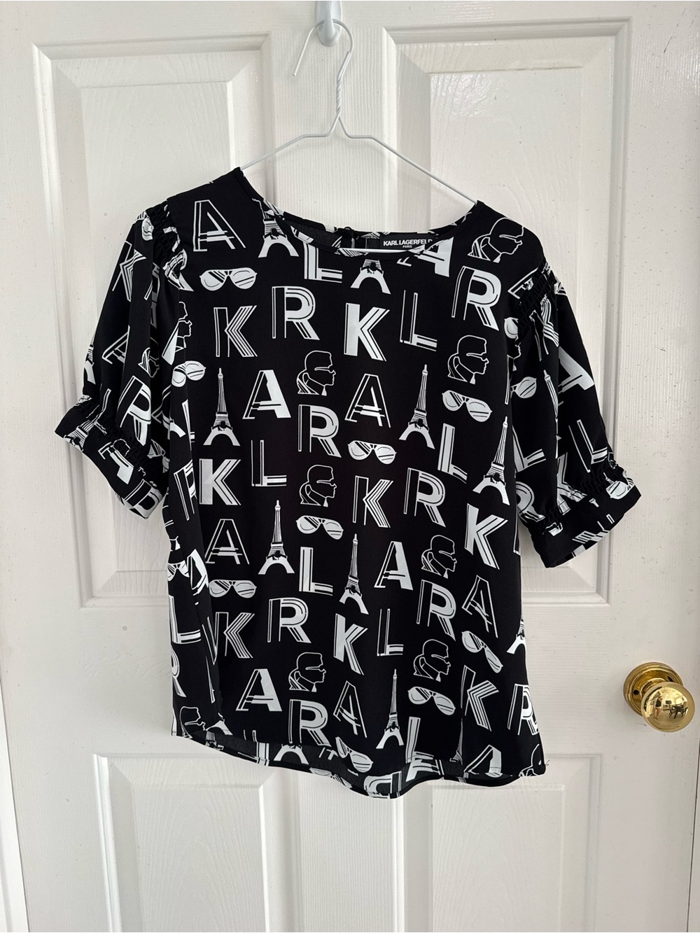 Karl Lagerfeld Black and White Logo Print Short Sleeve Top
